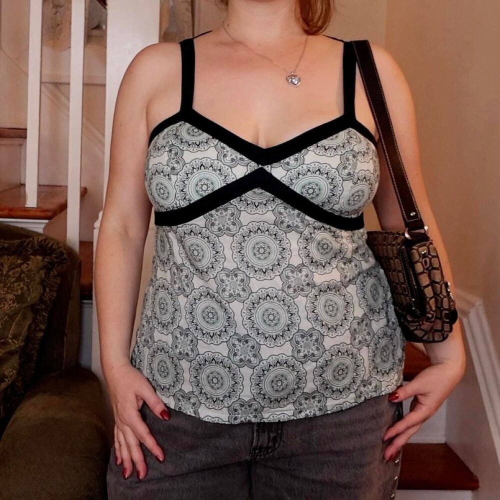 Loft Blue Navy Babydoll Tank Sz 14P Medium High Back Y2K Mandala Geometric Boho